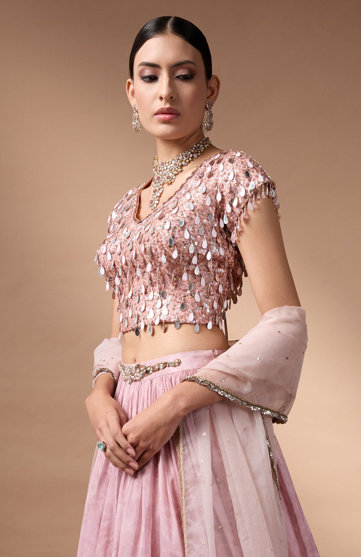 Pink embriodered blouse with printed lehenga