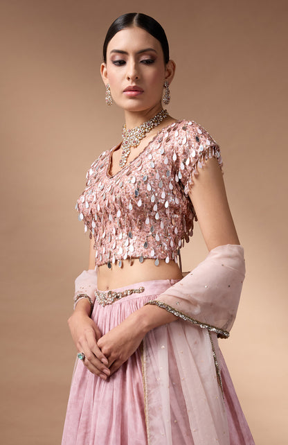 Pink embriodered blouse with printed lehenga