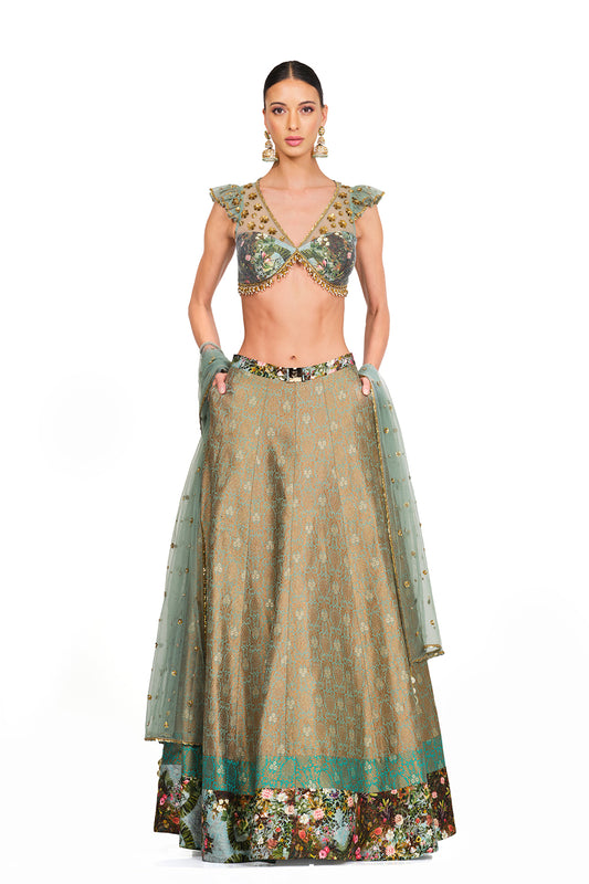 Brocade Lehenga with Ruffled Sleeves