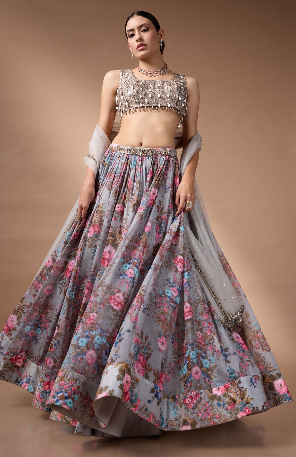Grey Sleevless Blouse with printed lehenga
