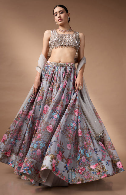 Grey Sleevless Blouse with printed lehenga