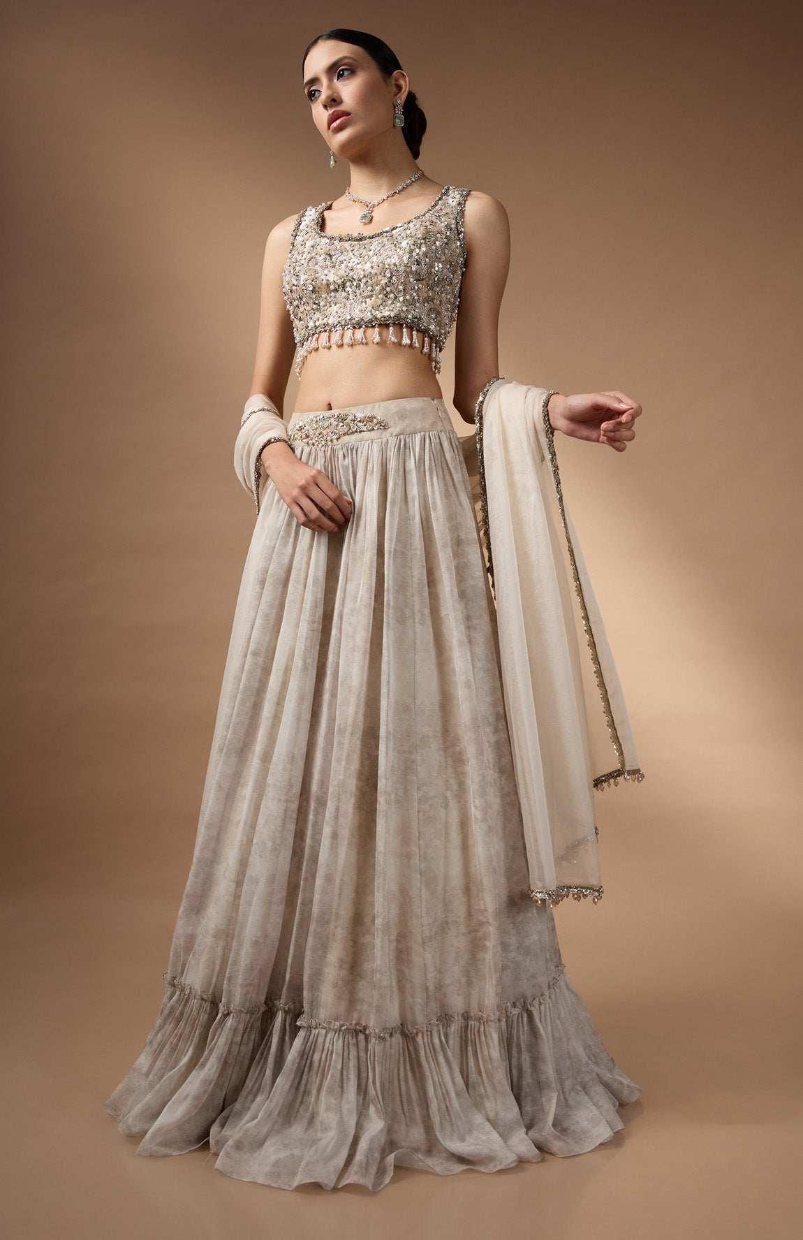 Embriodred Blouse with Light Grey printed lehenga