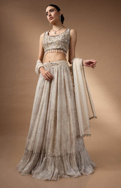 Embriodred Blouse with Light Grey printed lehenga