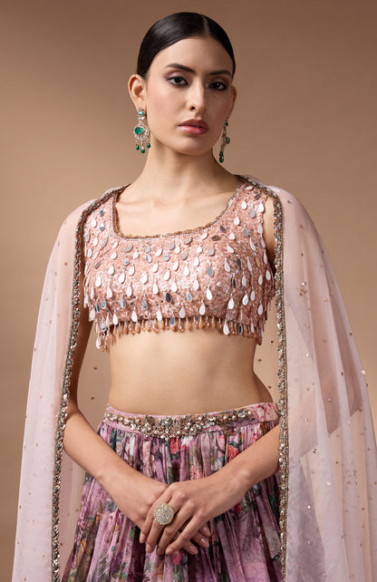Pink Sleevless Blouse with printed lehenga