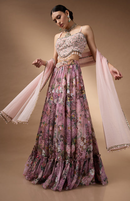 Pink Embriodered blouse with floral printed lehenga
