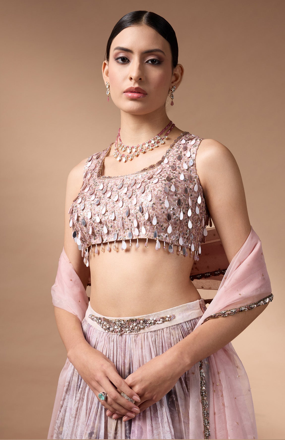 Ivory Sleevless Blouse with printed lehenga