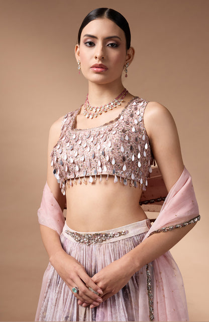 Ivory Sleevless Blouse with printed lehenga