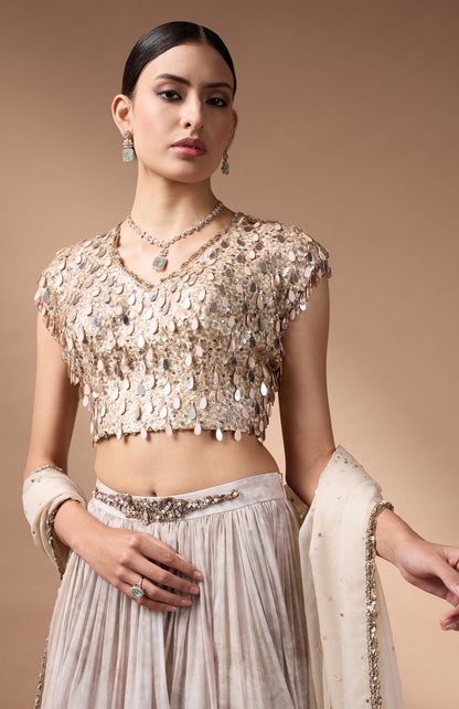 Ivory embriodered blouse with printed lehenga