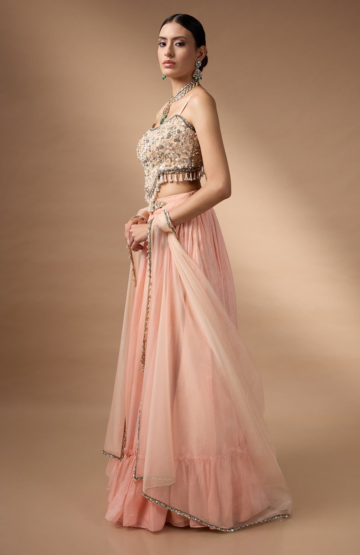 Orange Embriodered blouse with floral printed lehenga
