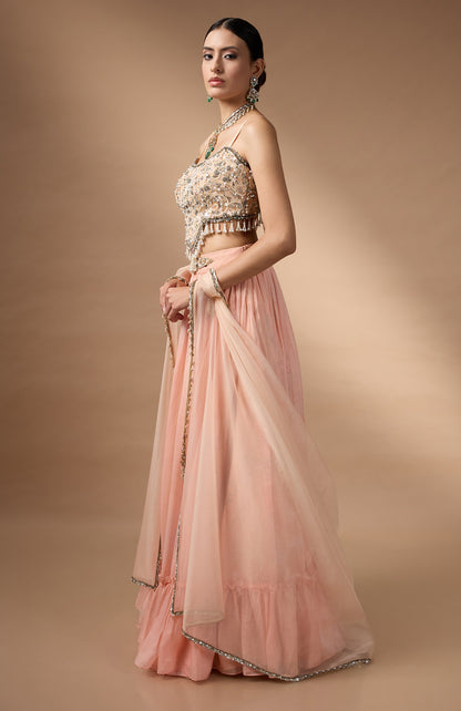 Orange Embriodered blouse with floral printed lehenga