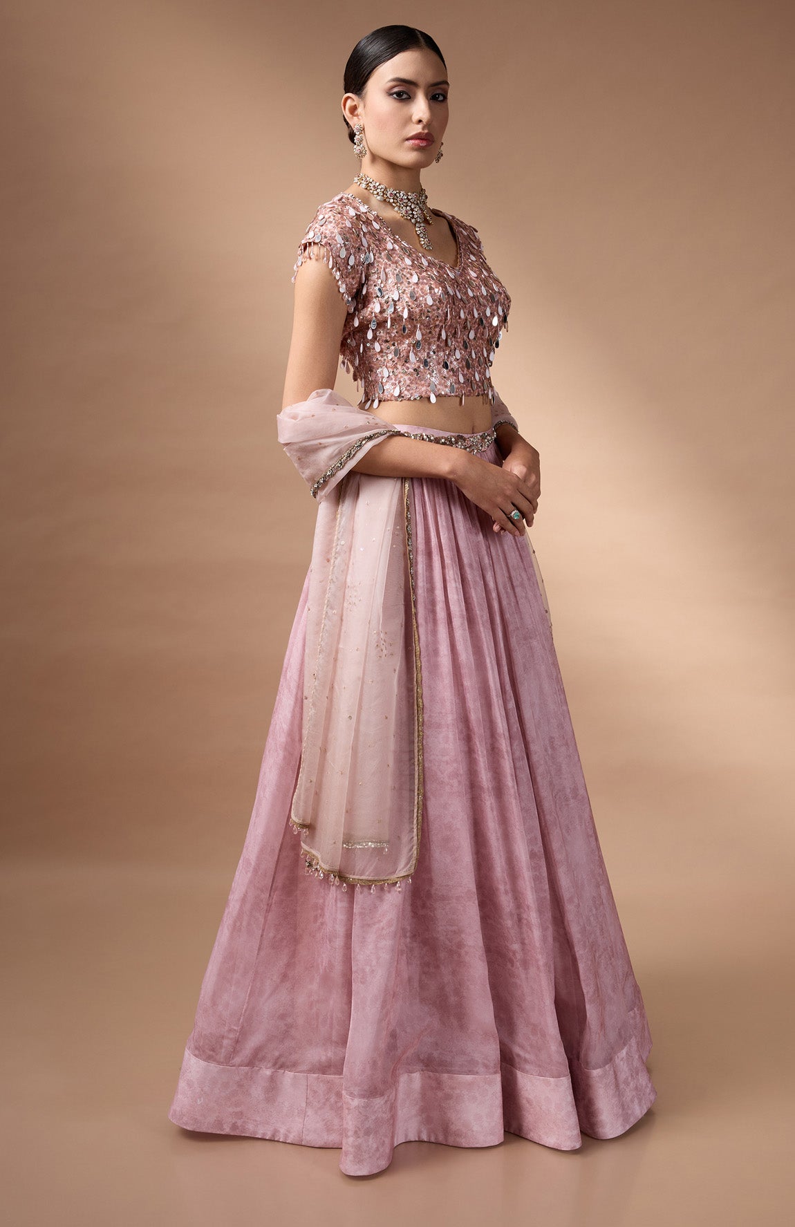 Pink embriodered blouse with printed lehenga