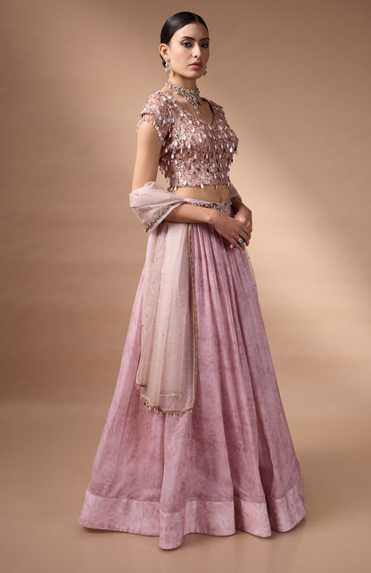 Pink embriodered blouse with printed lehenga