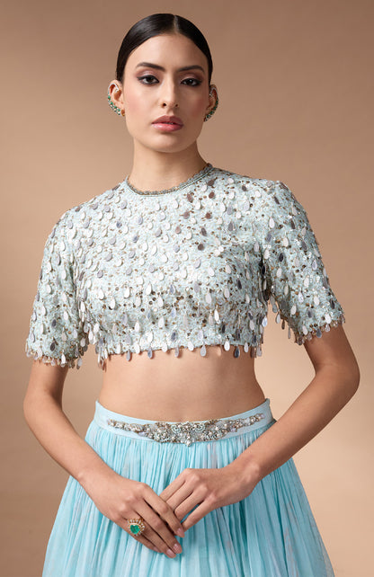 Blue embriodered blouse with printed lehenga