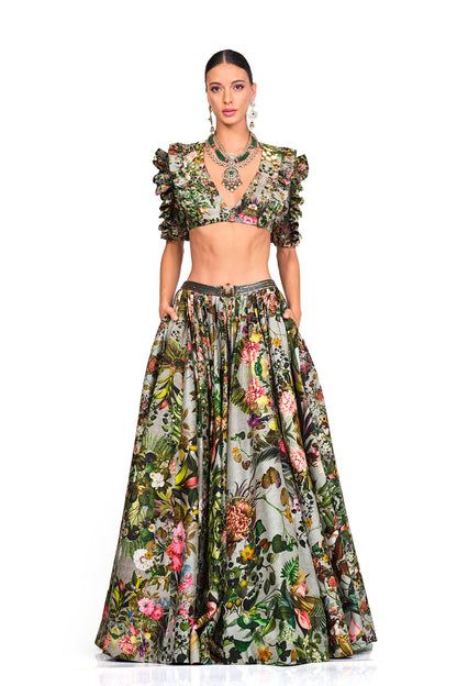 Printed Ruffle Blouse & Lehenga