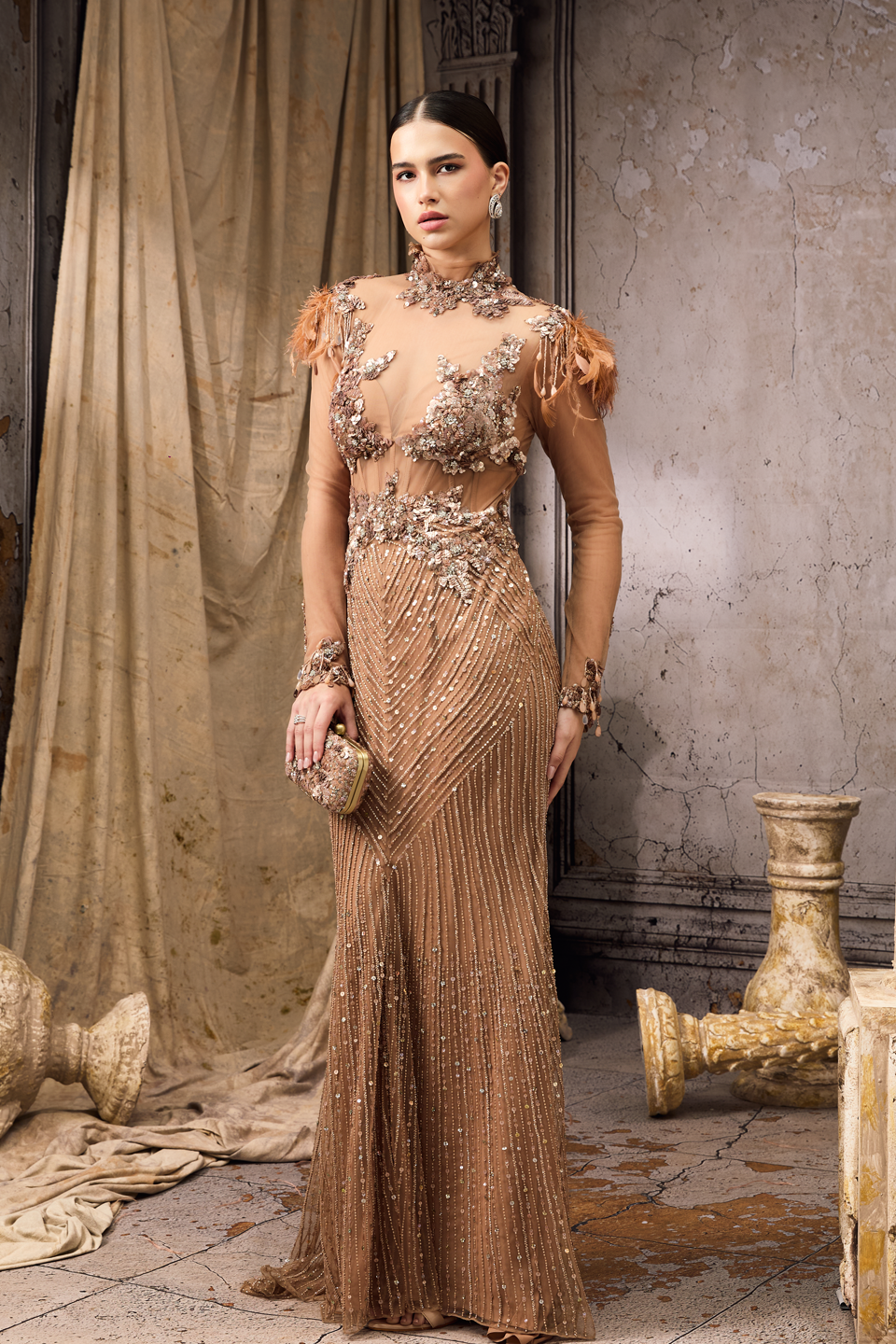 Nude Feather Detailing Embroidered Gown