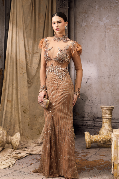 Nude Feather Detailing Embroidered Gown