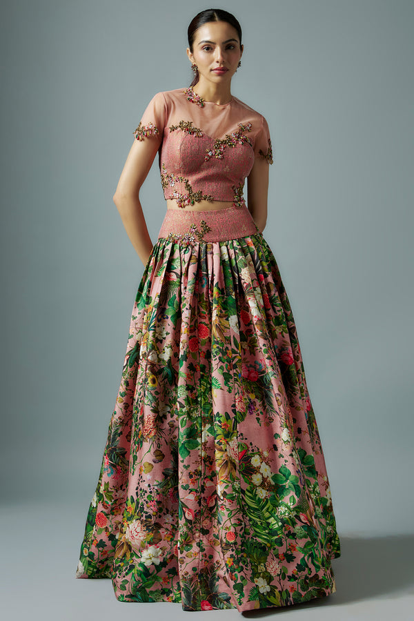 Botanical Lehenga with Brocade Blouse