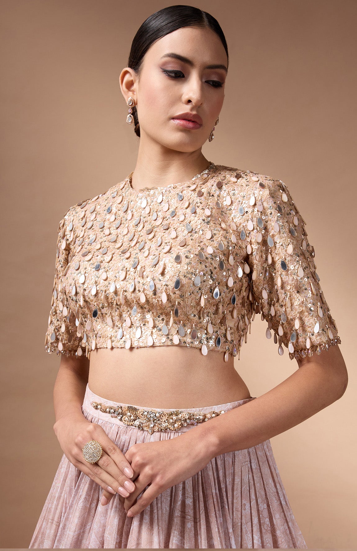Beige embriodered blouse with printed lehenga