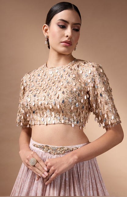 Beige embriodered blouse with printed lehenga