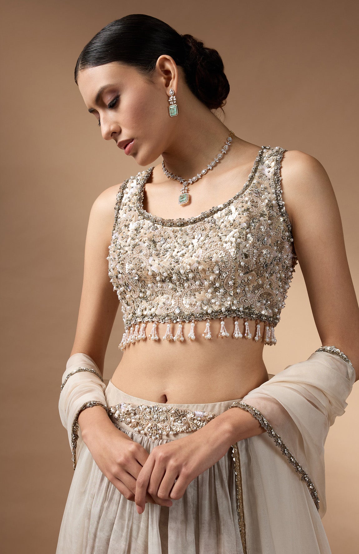 Embriodred Blouse with Light Grey printed lehenga