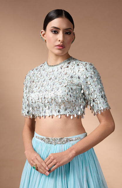 Blue embriodered blouse with printed lehenga