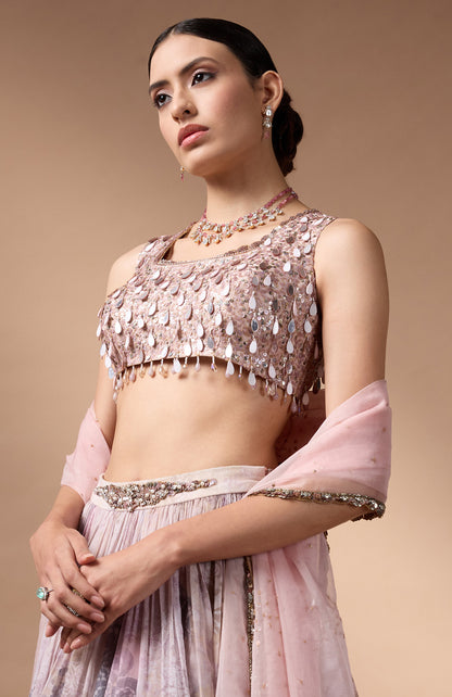 Ivory Sleevless Blouse with printed lehenga