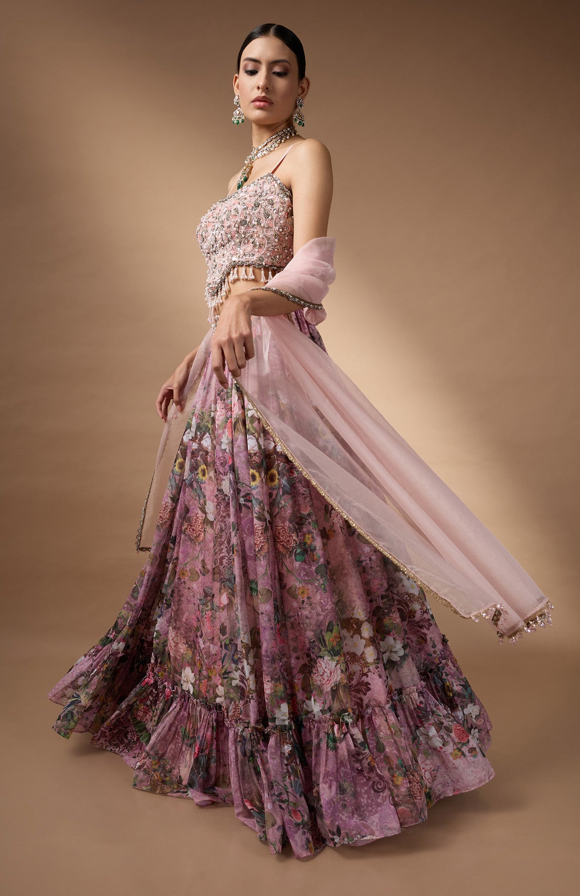 Pink Embriodered blouse with floral printed lehenga