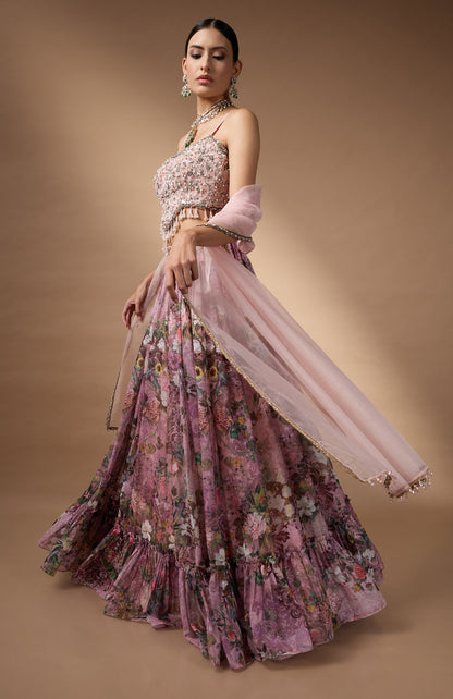 Pink Embriodered blouse with floral printed lehenga