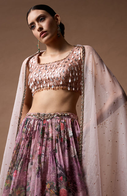 Pink Sleevless Blouse with printed lehenga