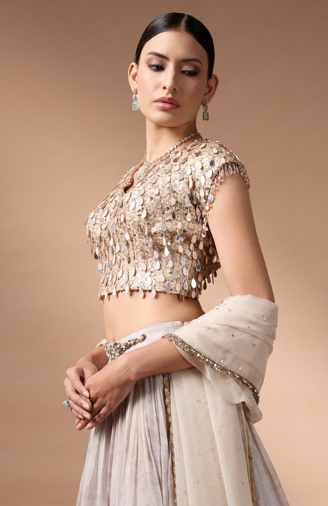 Ivory embriodered blouse with printed lehenga