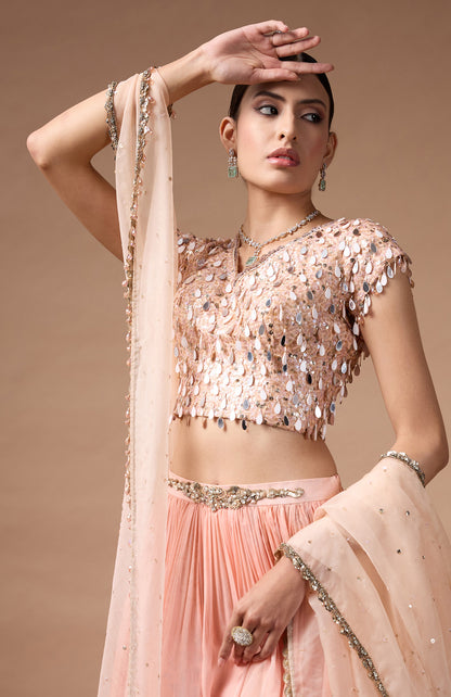 Orange embriodered blouse with printed lehenga