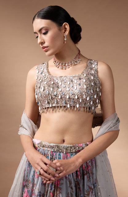 Grey Sleevless Blouse with printed lehenga