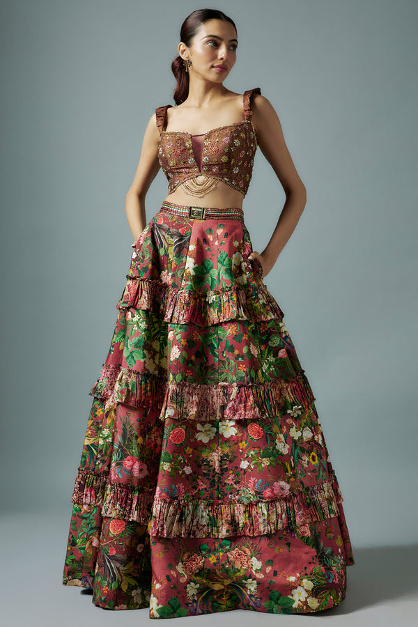 Embroidered Brocade Blouse with Botanical Lehenga