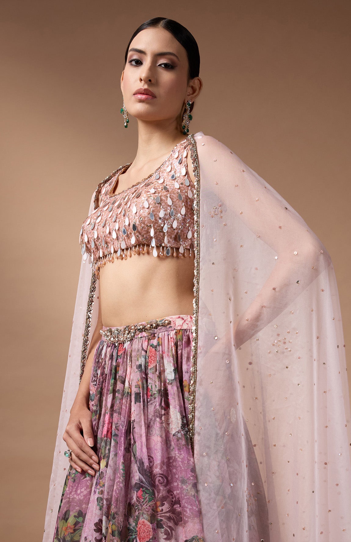 Pink Sleevless Blouse with printed lehenga