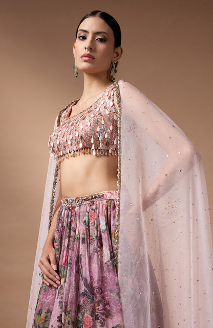 Pink Sleevless Blouse with printed lehenga