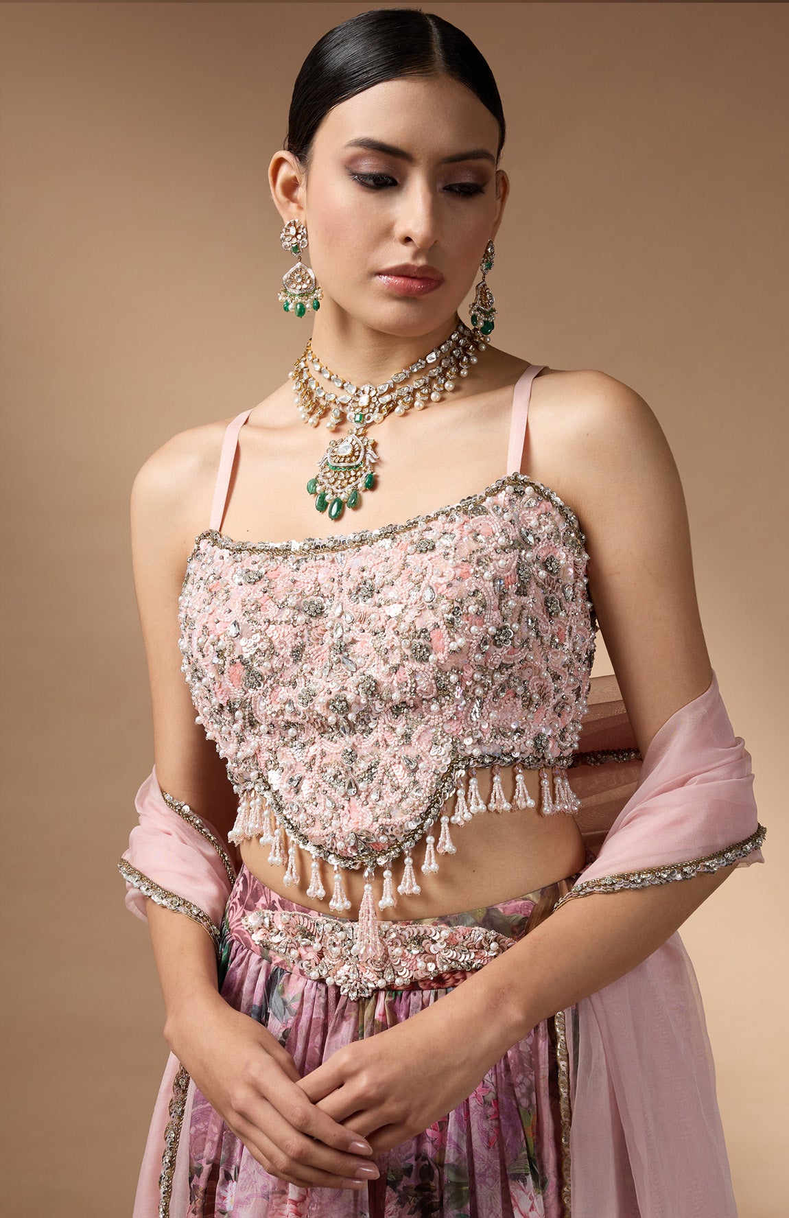 Pink Embriodered blouse with floral printed lehenga