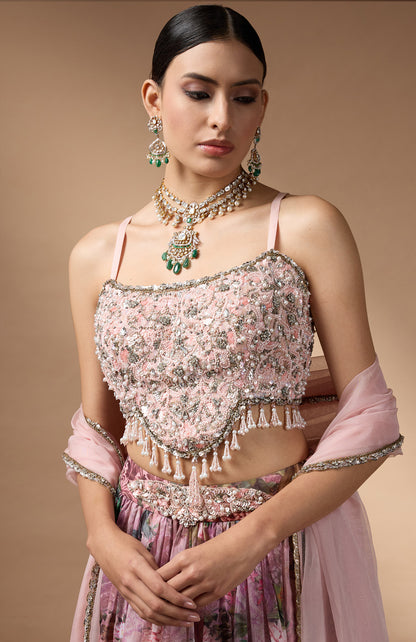 Pink Embriodered blouse with floral printed lehenga