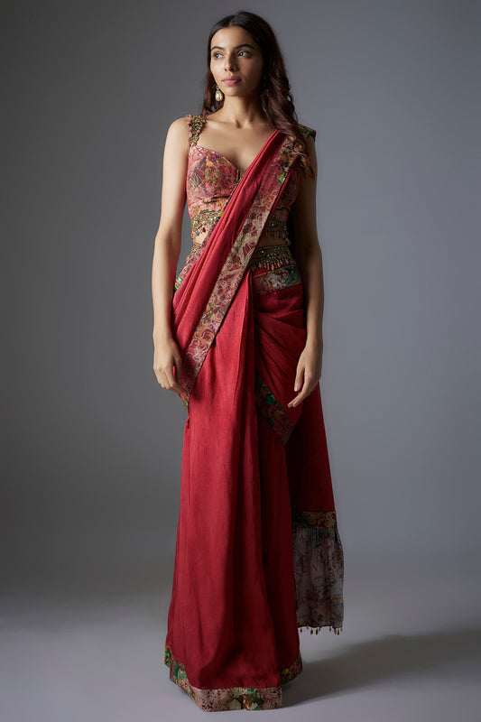 Red  printed saree with botanical quilted blouse.