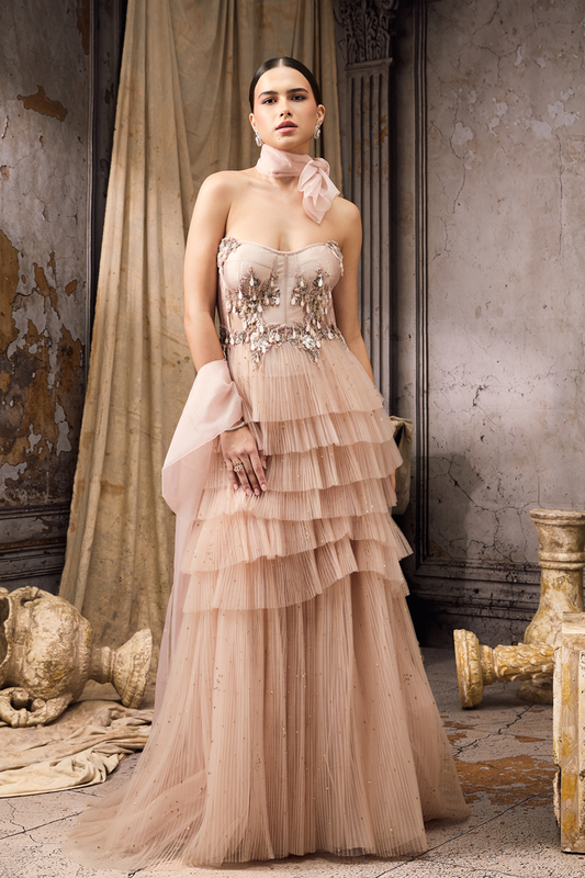 Strapless Corset Fit Pink Frilled Gown
