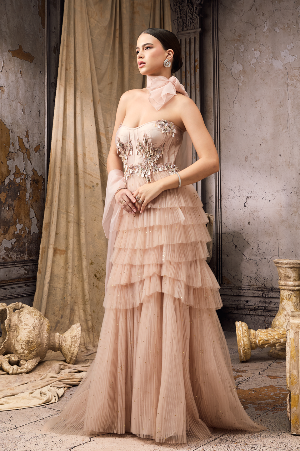 Strapless Corset Fit Pink Frilled Gown
