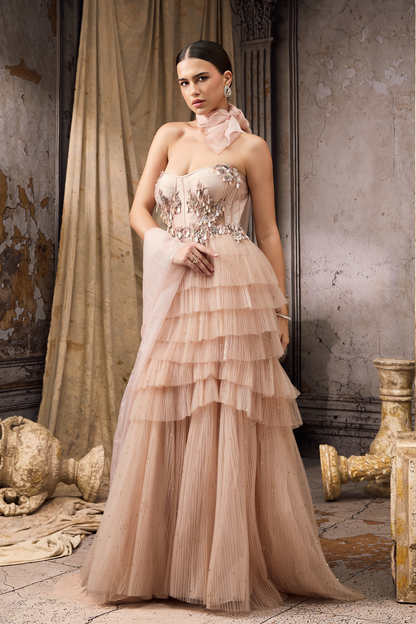 Strapless Corset Fit Pink Frilled Gown