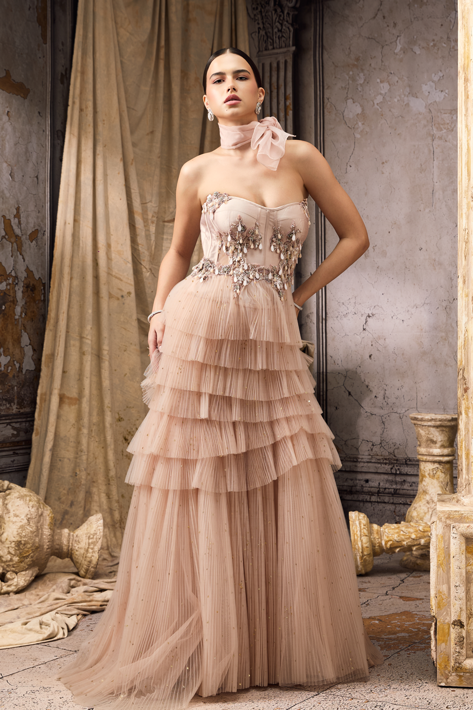 Strapless Corset Fit Pink Frilled Gown