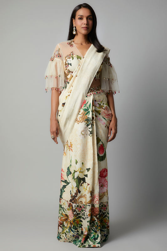 Ivory botanical print saree with patch work blouse