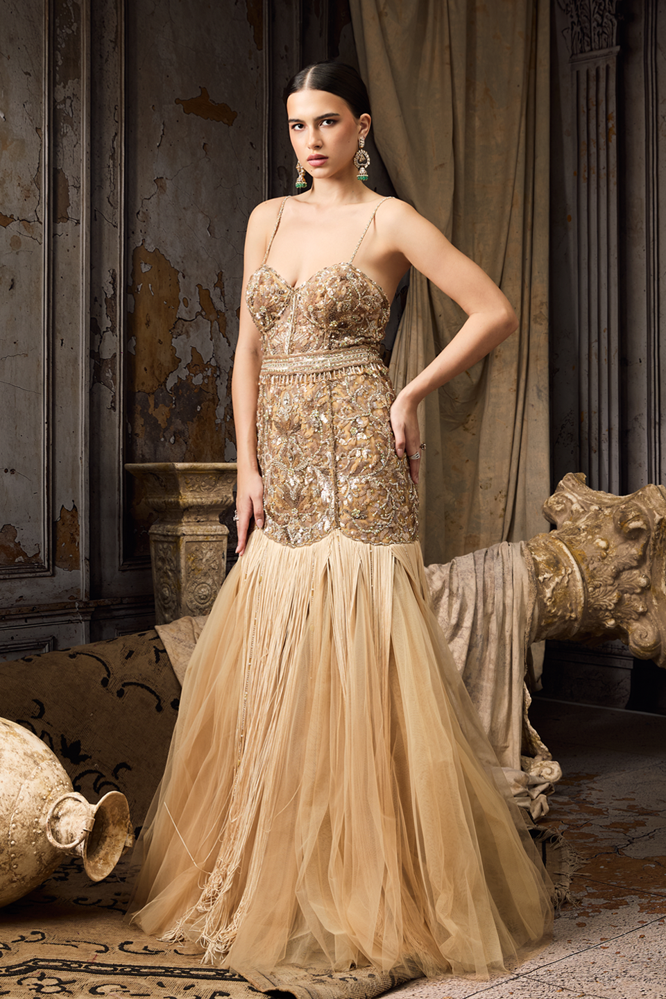 Fringe And Embroidered Embellished Gown