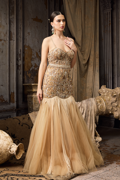 Fringe And Embroidered Embellished Gown