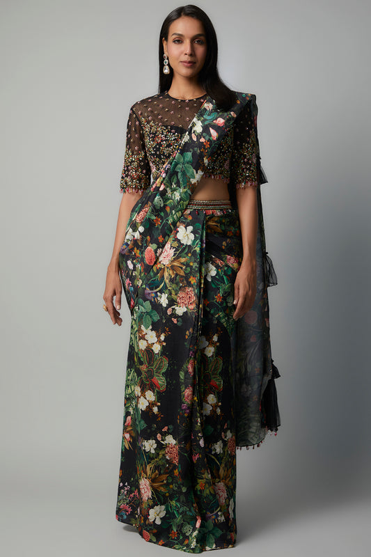 Black botanical printed saree with embroidered blouse