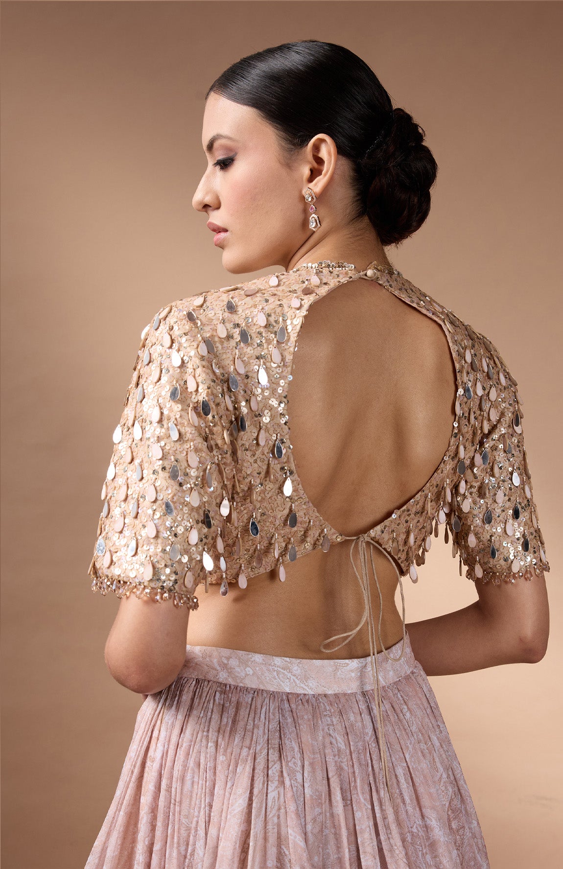 Beige embriodered blouse with printed lehenga