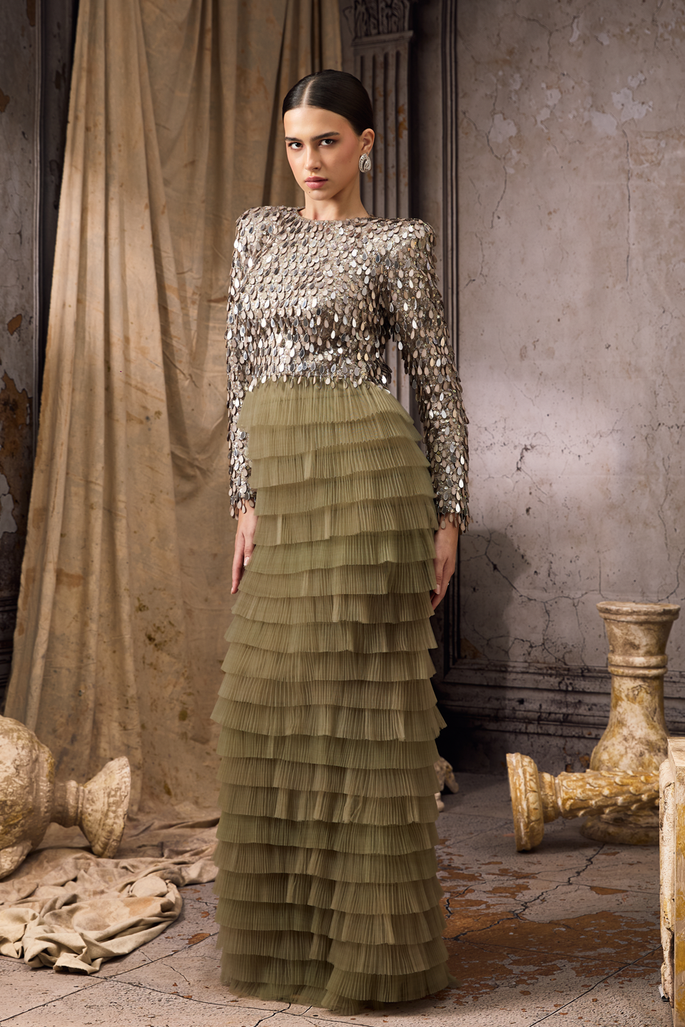 Tulle Drapped Green Gown