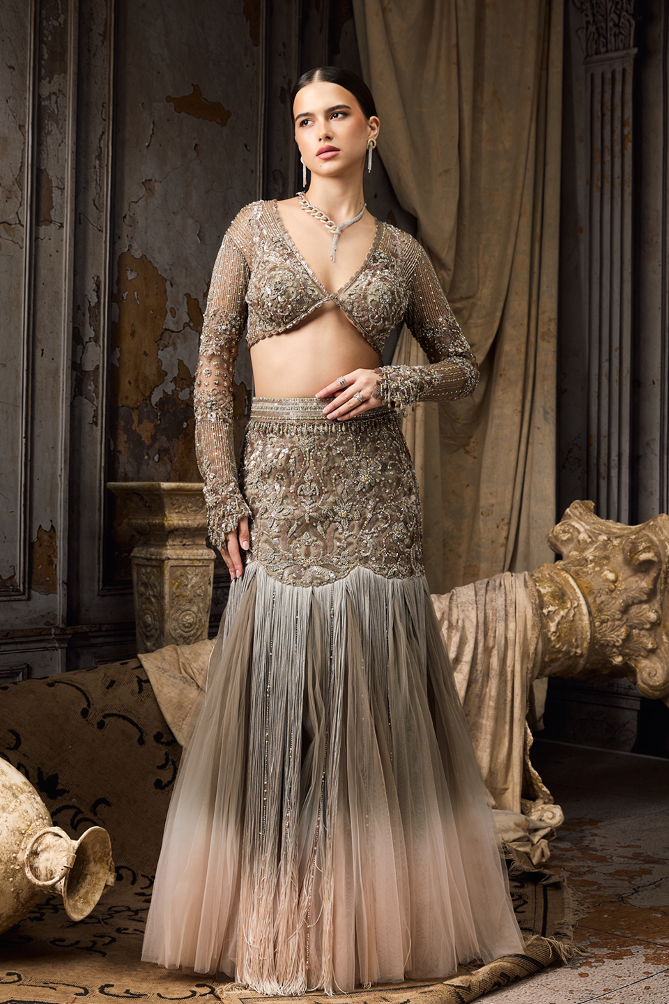 Grey & Pink Full-sleeve Blouse Lehenga Set