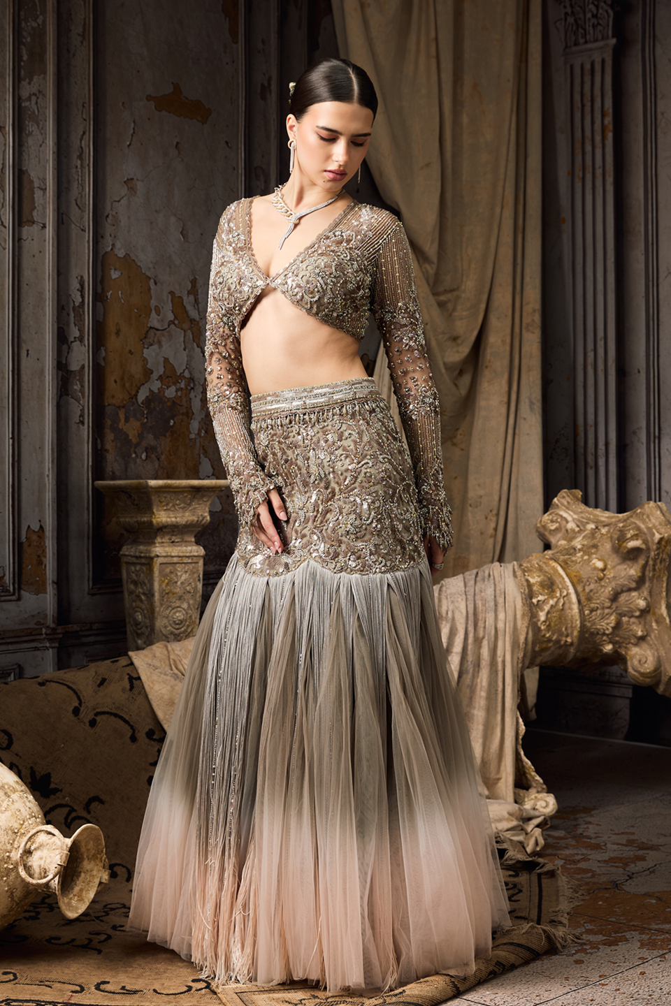 Grey & Pink Full-sleeve Blouse Lehenga Set